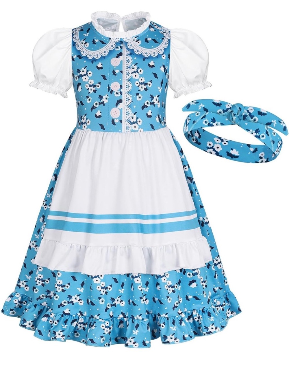 Blue Floral Prairie Dress Costume with White Apron and Headband